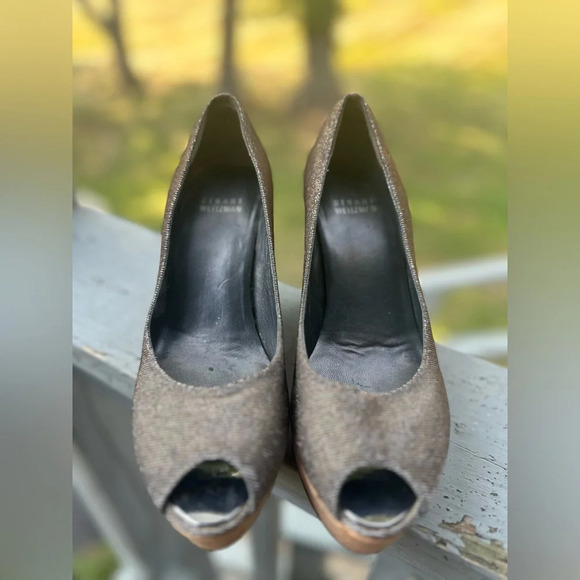 STUART WEITZMAN Metallic Sparkle Silver Gold Cork Wedge Platform Peep Toe Leathe - Picture 5 of 14